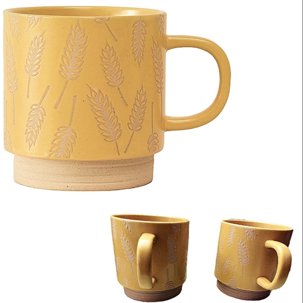 Two Festive Voice Wheat Textured Ceramic Mugs New